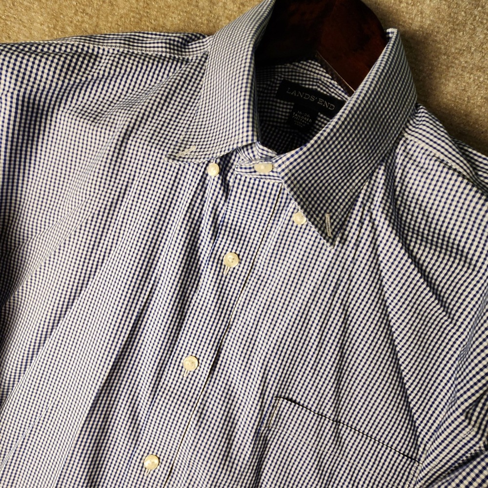 Lands‎ End Button Down Shirt Mens 16-36 Blue White Gingham Tailored Long Sleeve